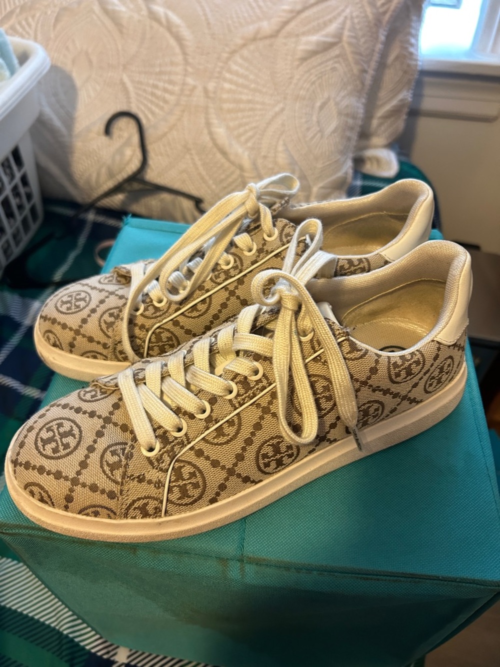 Tory Burch Tan Monogram Logo Canvas Lace-Up Sneakers, Size 7